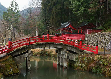 Red Bridge and Shrine in Takayama Nature