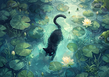 Black Cat in a Lily Pond