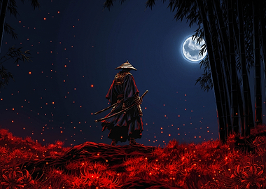 Samurai in a field of red flowers