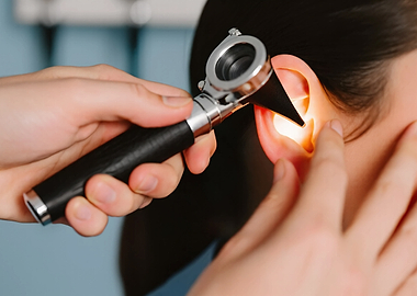 Doctor examining ear with otoscope