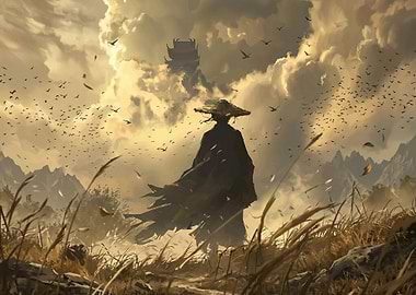 Samurai in a field with birds