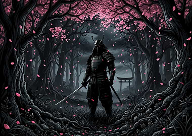 Samurai in Cherry Blossom Forest