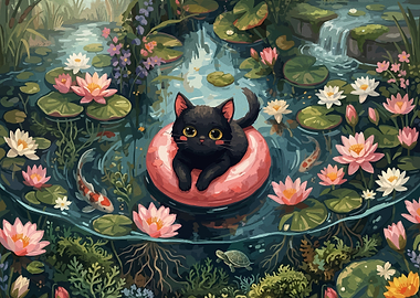 Cute Black Cat Floating in a Pond