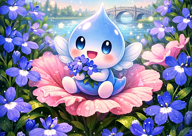 Cute Water Droplet Character in Flowers