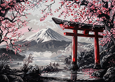 Mount Fuji with Cherry Blossoms and Torii Gate
