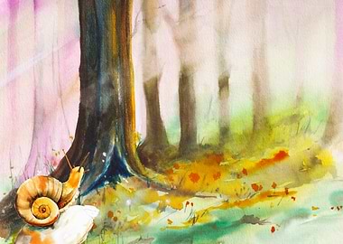 Whimsical watercolor snail in a magical fairy tale forest
