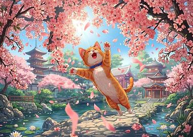 Joyful Cat Under Cherry Blossoms
