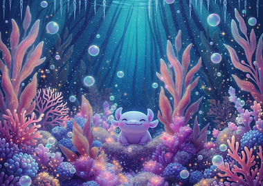 Cute Axolotl in Magical Underwater World