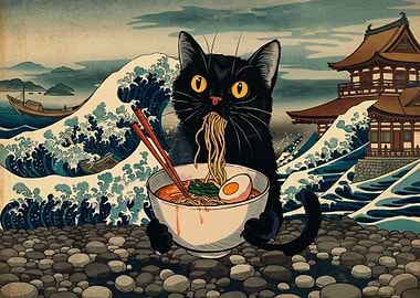 Black Cat Eating Ramen with Giant Waves