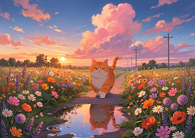 Cute Cat Walking Through a Flower Field at Sunset