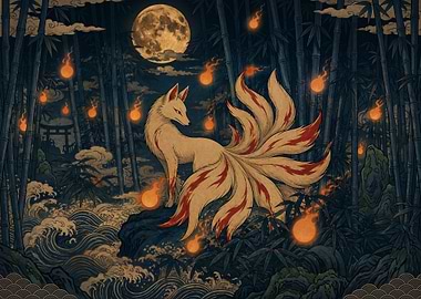 Nine-Tailed Fox in Bamboo Forest
