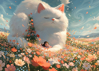Giant Cat with Girl in Flower Field