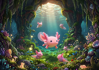Cute Axolotls in Magical Underwater Forest