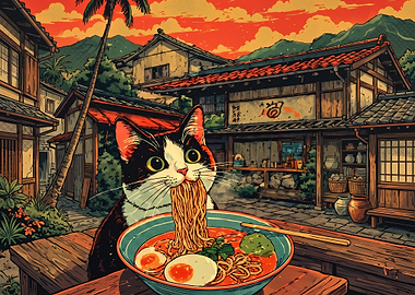 Cat eating ramen in Japan