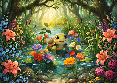 Cute Turtle in a Flower Pond