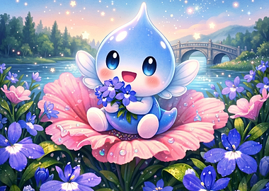 Cute Water Droplet Character in Flowers