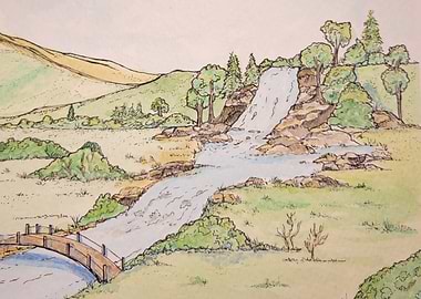 Watercolor Landscape with Waterfall and Bridge