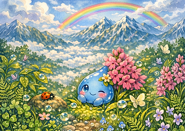 Cute Water Drop Character in a Mountain Landscape