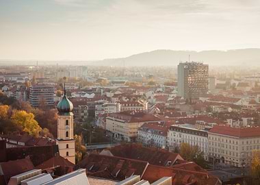Graz cityscape at sunset