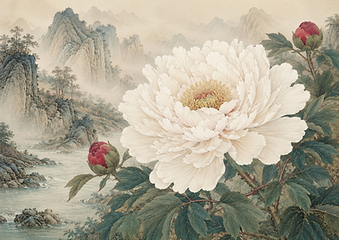 Peony and Misty Mountains Landscape