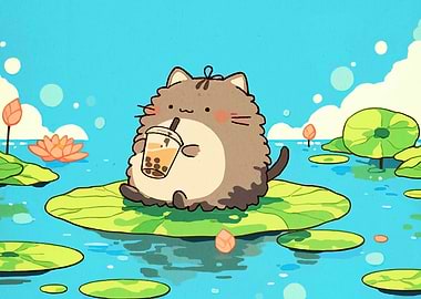 Cute Cat with Boba Tea on Lily Pad