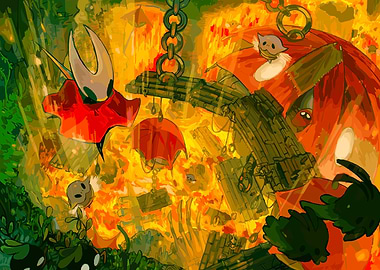 Hornet and companions in a vibrant, fiery world