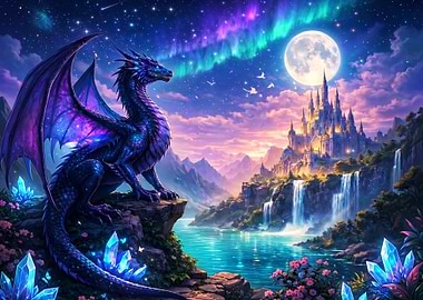 Dragon Overlooking Fantasy Castle