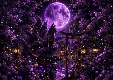 Mystical Fox Under Purple Moon