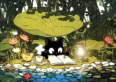 Black cat journaling in the rain