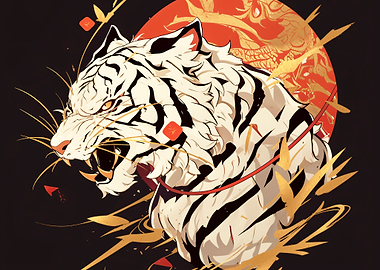 Fierce White Tiger with Red Sun
