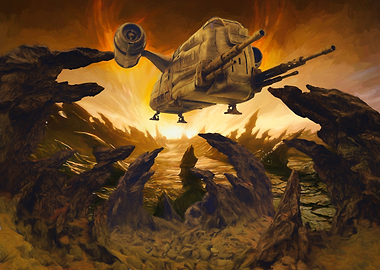 Spaceship flying over alien landscape
