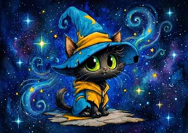 Cute Black Cat Wizard in Space