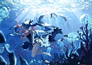Girl Underwater with Jellyfish and Fish