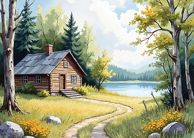 Log Cabin by a Lake