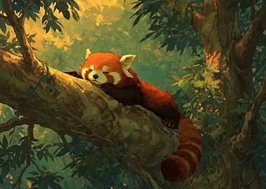 Red Panda Sleeping on Tree Branch