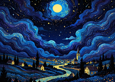 Whimsical Night Sky Over Village