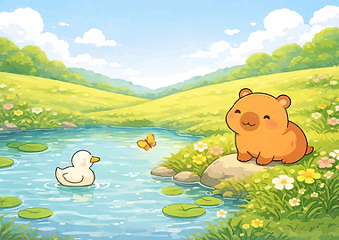 Cute Bear and Duck by a Pond