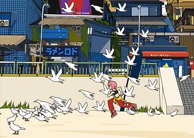 Unbeatable Girl Running with Pigeons