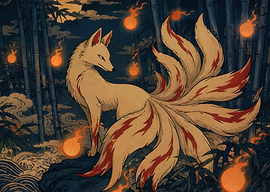 Nine-Tailed Fox with Fire Orbs