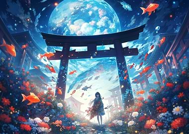 Anime Girl Under Torii Gate with Floating Goldfish