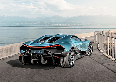 Futuristic Blue Sports Car by the Water
