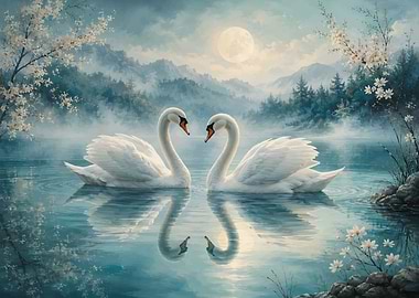 Two Swans in Love by Moonlight