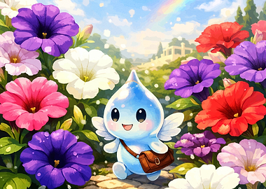 Cute Water Drop Character in a Flower Garden