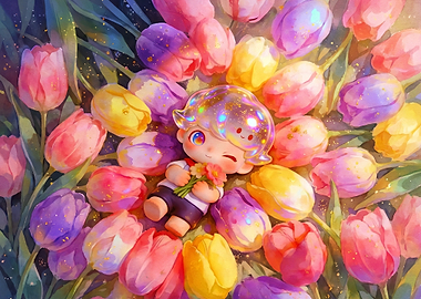 Cute character surrounded by tulips