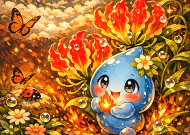 Cute Water Drop Character with Fire and Butterflies