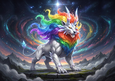 Rainbow Mane Lion in Cosmic Landscape