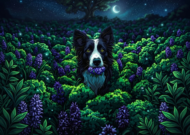 Border Collie in a Lavender Field at Night