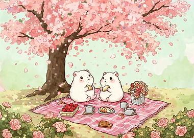 Cute Hamsters Having a Picnic Under Cherry Blossoms