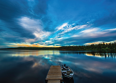 Serene Lake at Dusk with Dock and Boat