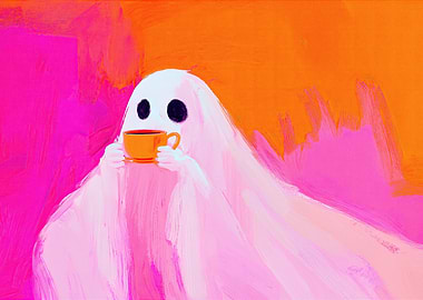 Cute Halloween Ghost drinking coffee